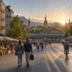 Sunset city street with pedestrians, a cyclist, tram tracks, and market stalls in a European town