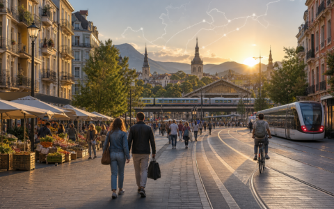Sunset city street with pedestrians, a cyclist, tram tracks, and market stalls in a European town