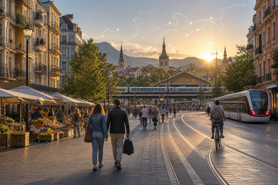 Sunset city street with pedestrians, a cyclist, tram tracks, and market stalls in a European town