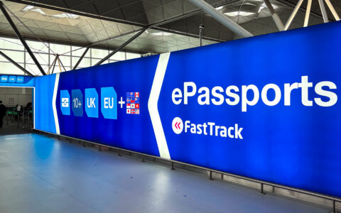 Airport ePassports FastTrack lane sign for UK, EU, and 10+ other country passport holders