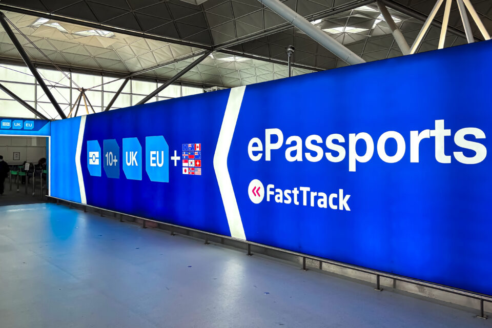 Airport ePassports FastTrack lane sign for UK, EU, and 10+ other country passport holders